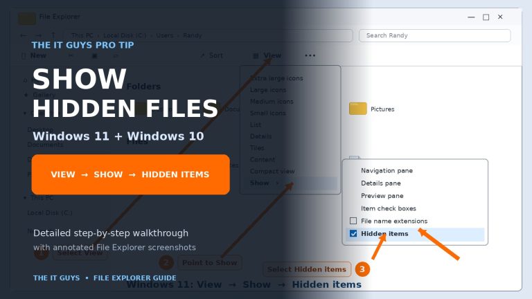 Annotated File Explorer walkthrough showing how to display hidden files in Windows 11 and Windows 10