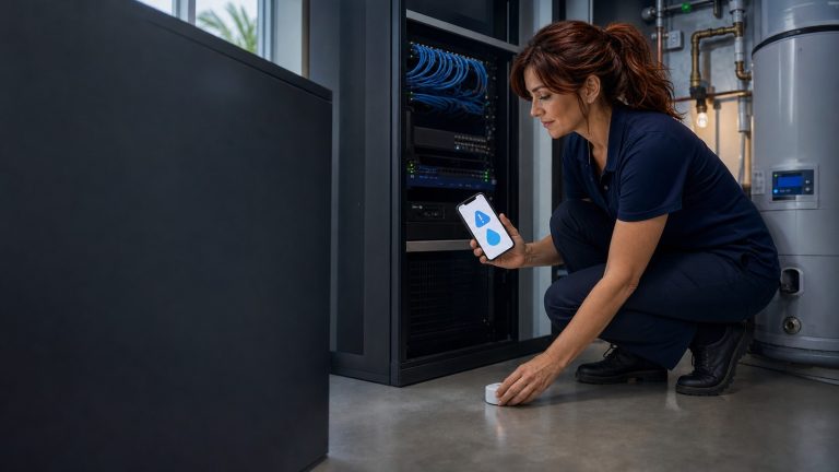 Jennifer crouches beside a network rack and water heater while placing and testing a smart water-leak sensor