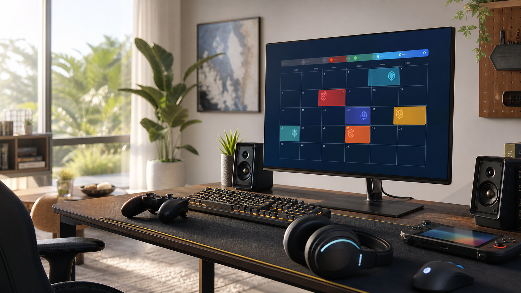 July 2026 new game releases roundup with controllers, screens, and neon gaming room lighting