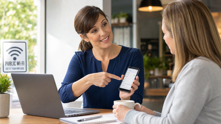 Jennifer showing a small-business user how to use a phone hotspot instead of public Wi-Fi for sensitive work
