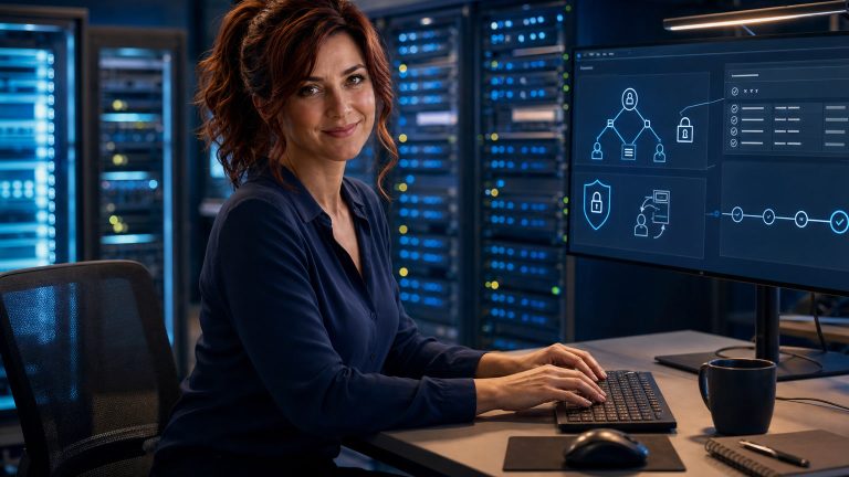 Jennifer Hudsen reviewing Microsoft AD FS and Active Directory DKM security controls with her hair in a ponytail