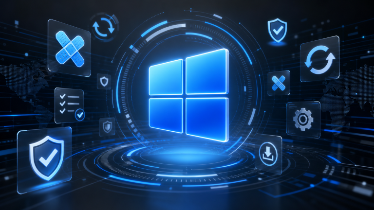 Glowing Windows update logo surrounded by security shields, patch icons, and update symbols for Microsoft Patch Tuesday.