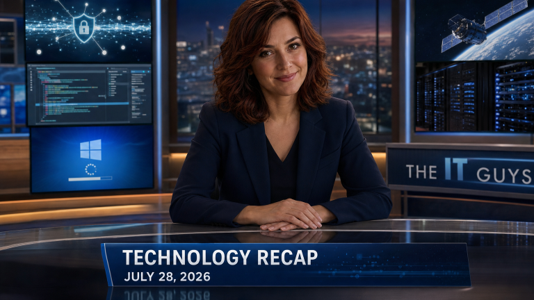 Jennifer Hudsen at The IT Guys newsroom desk for the July 28, 2026 technology recap, with cybersecurity, Windows, satellite, AI code, and server displays