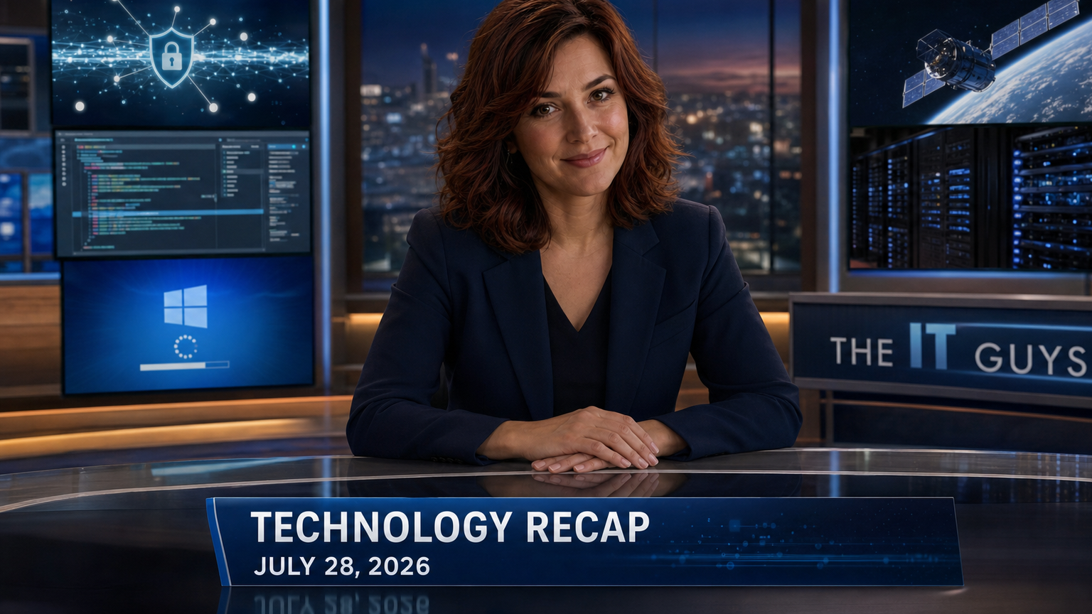 Jennifer Hudsen at The IT Guys newsroom desk for the July 28, 2026 technology recap, with cybersecurity, Windows, satellite, AI code, and server displays
