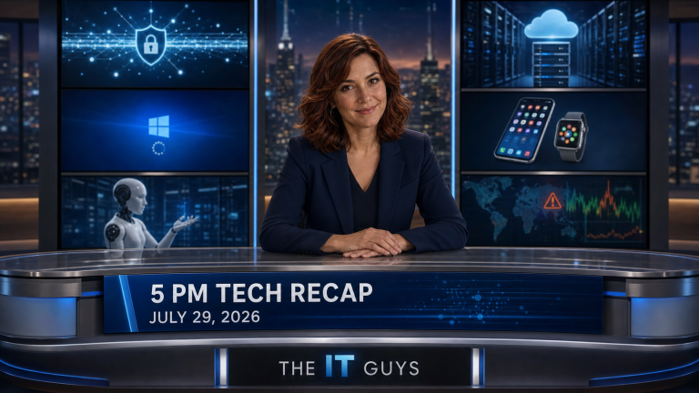 Jennifer Hudsen at The IT Guys newsroom desk for the July 29, 2026 5 PM technology recap, with AI security, Windows, cloud servers, consumer devices, robotics, and outage displays