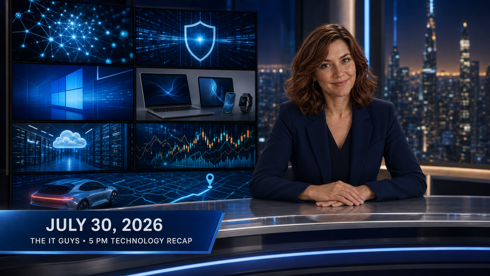 Jennifer Hudsen at The IT Guys newsroom desk for the July 30, 2026 5 PM technology recap, with AI, cybersecurity, Windows, cloud, consumer devices, finance, and electric-vehicle navigation displays