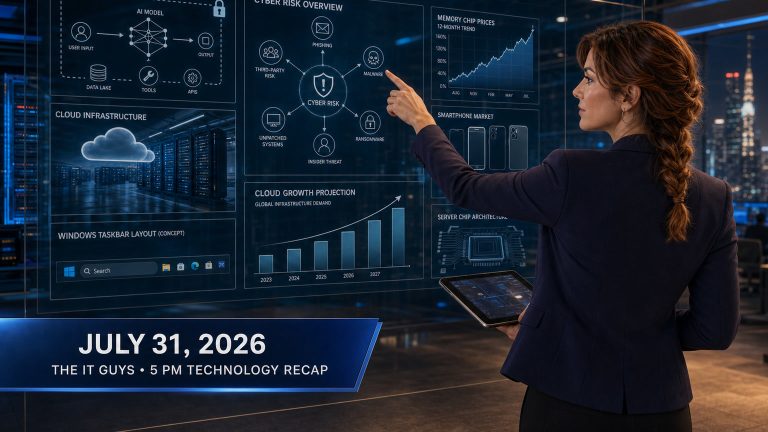 Jennifer Hudsen presents The IT Guys July 31, 2026 5 PM technology recap from a wide newsroom, pointing to AI security, cloud, Windows, memory-chip and server-chip displays.