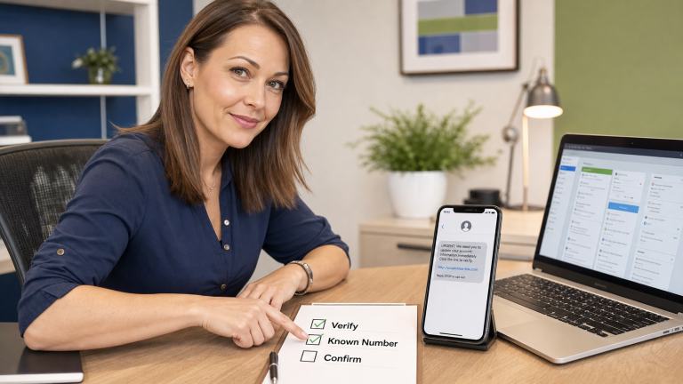 Jennifer from The IT Guys helping verify a suspicious phone or text request through a known-good contact number before taking action.