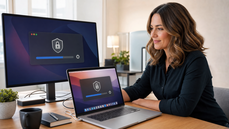Jennifer from The IT Guys reviewing Apple macOS security update status on a Mac in a small business office.