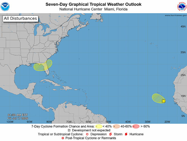 NOAA National Hurricane Center 7-day Atlantic tropical weather outlook graphic for July 17, 2026