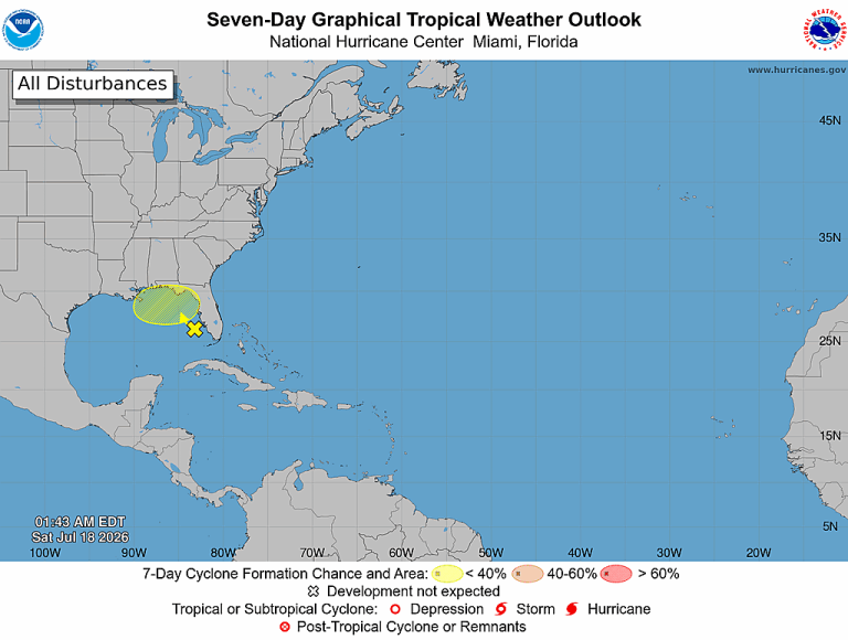NOAA National Hurricane Center 7-day Atlantic tropical weather outlook graphic for July 18, 2026