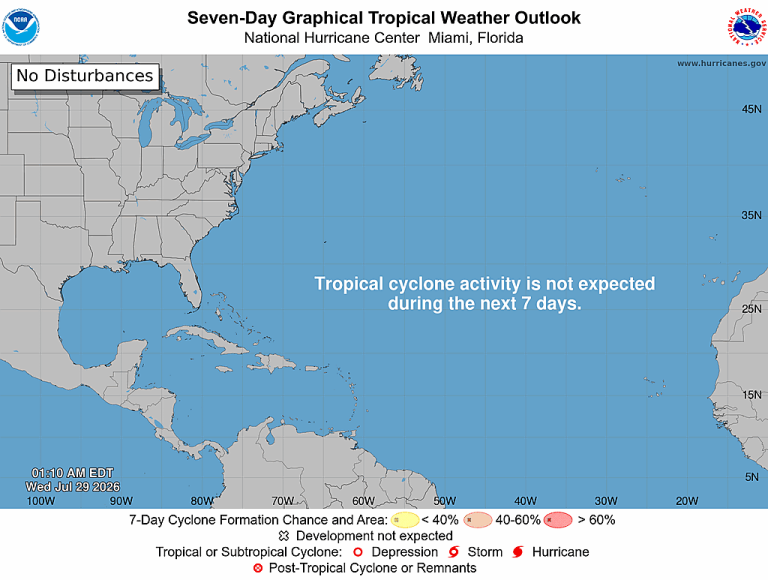 NOAA National Hurricane Center 7-day Atlantic tropical weather outlook graphic for July 29, 2026