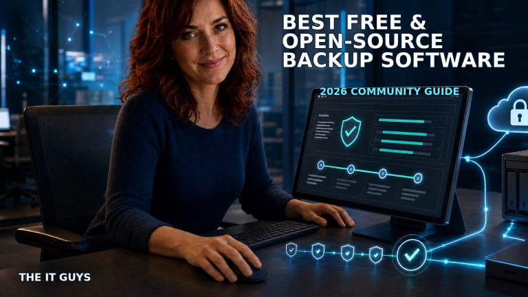 Jennifer Hudsen reviewing an encrypted backup dashboard connected to cloud storage, a NAS, and an external drive for The IT Guys 2026 open-source backup guide