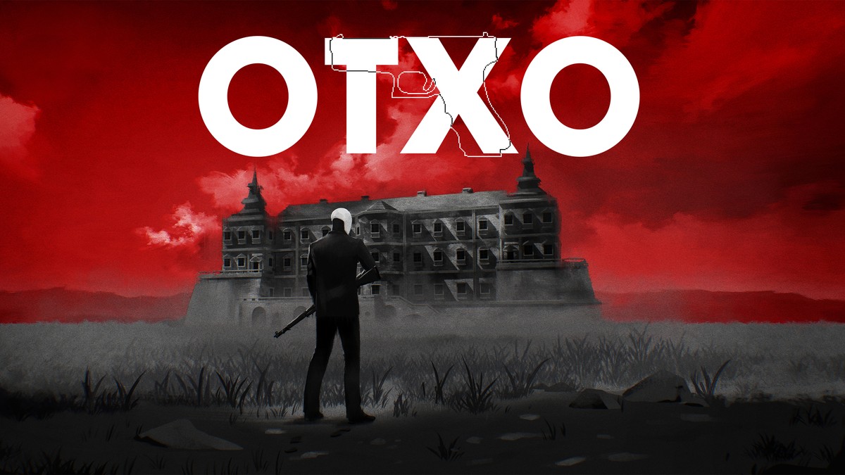 Official OTXO artwork showing its white title above a lone armed figure facing a dark mansion beneath a red sky