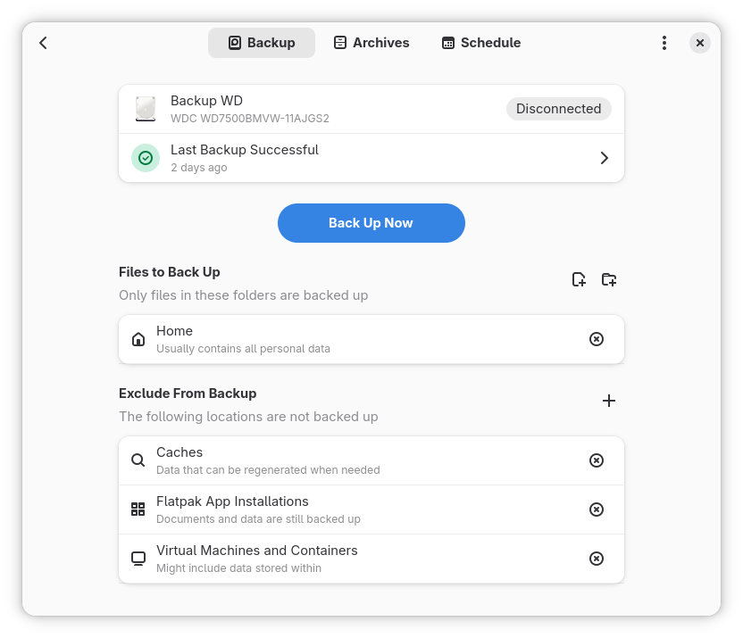 Pika Backup GNOME application showing backup status and Back Up Now button