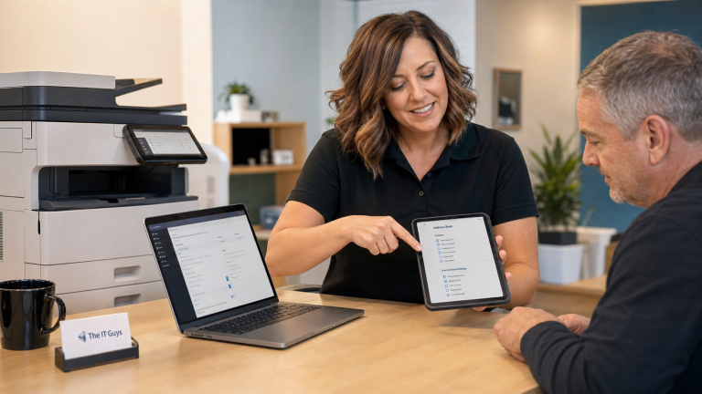 Jennifer from The IT Guys helping a small business review multifunction printer address book and scan-to-email settings.