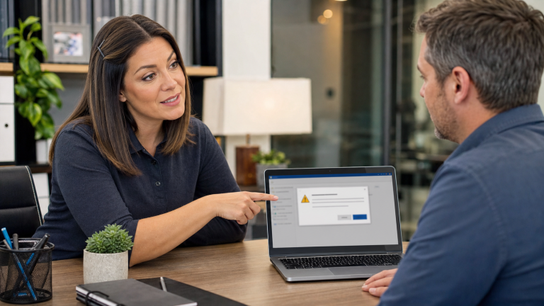 Jennifer advising a small business owner to verify a remote support request before allowing screen control