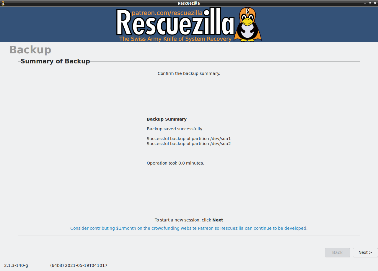Rescuezilla graphical disk backup summary interface