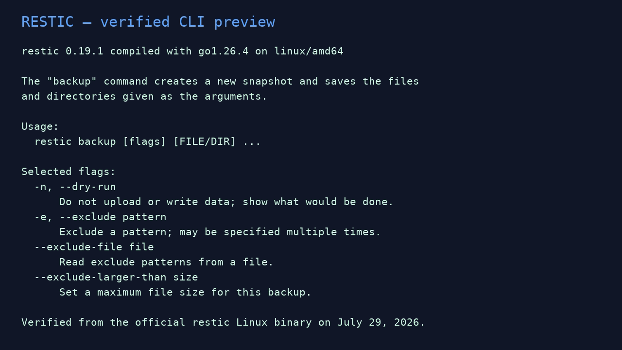 Verified restic command-line backup help from official Linux binary