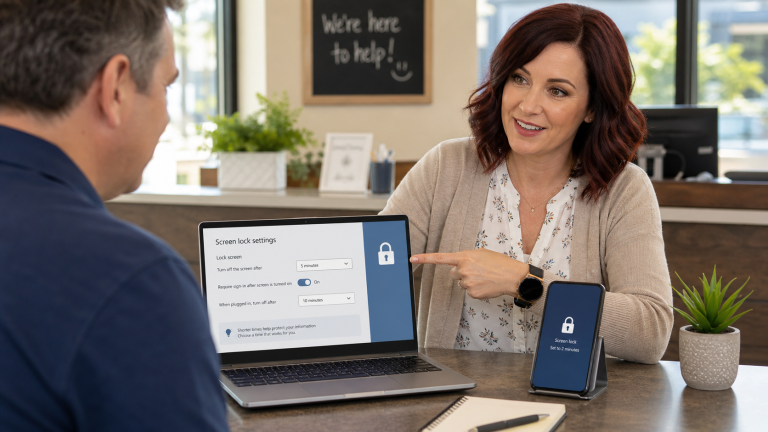 Jennifer helping a small-business owner hide sensitive lock-screen notification previews on a laptop and phone