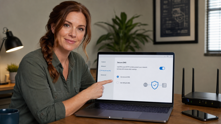 Jennifer helping turn on Secure DNS on a laptop in a small business office