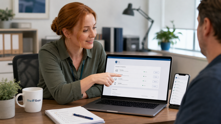 Jennifer helping a customer review signed-in devices on a laptop and phone