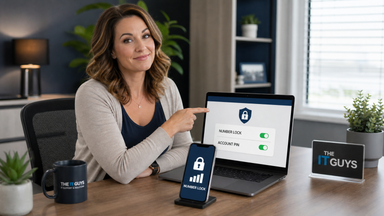 Jennifer from The IT Guys helping a small business protect a phone number with carrier account lock, number lock, and account PIN settings.