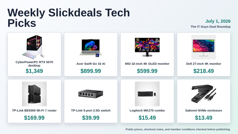 Weekly Slickdeals tech deal roundup showing eight product picks and prices for July 1 2026