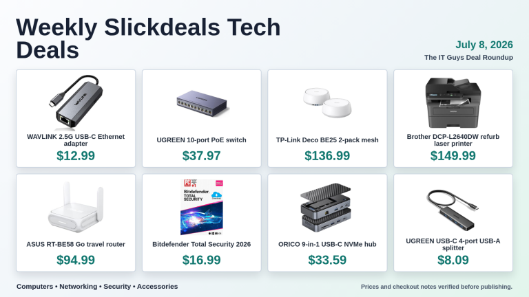 Weekly Slickdeals tech deals roundup showing eight product picks and prices for July 8 2026