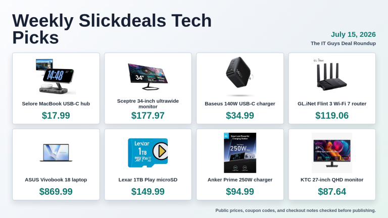 Weekly Slickdeals tech deal roundup showing eight product picks and prices for July 15 2026