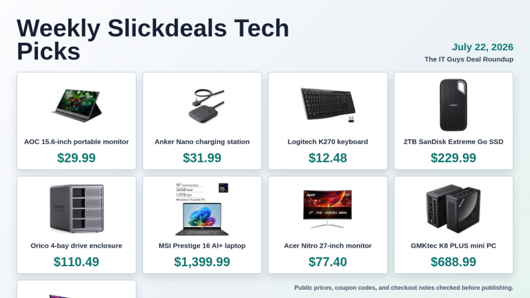 Weekly Slickdeals tech deal roundup showing eight product picks and prices for July 22 2026