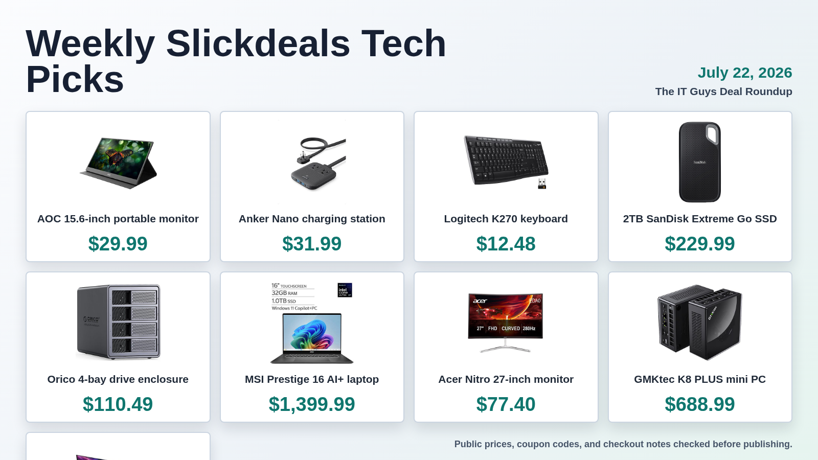 Weekly Slickdeals tech deal roundup showing eight product picks and prices for July 22 2026