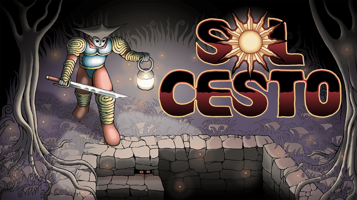 Official Sol Cesto artwork showing an armored adventurer carrying a sword and lantern above a shadowy dungeon