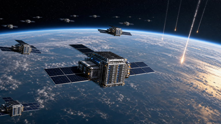 Editorial image of orbital data-center satellites above Earth with a thin atmosphere and distant reentry streaks