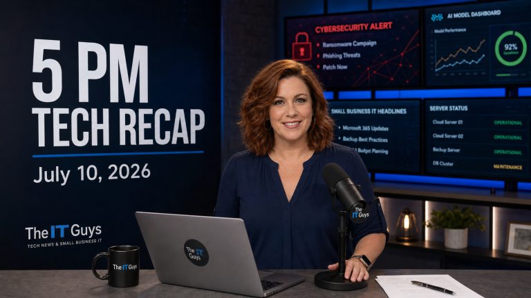 Jennifer presenting the July 10, 2026 5 PM technology news recap in a modern technology newsroom for The IT Guys.