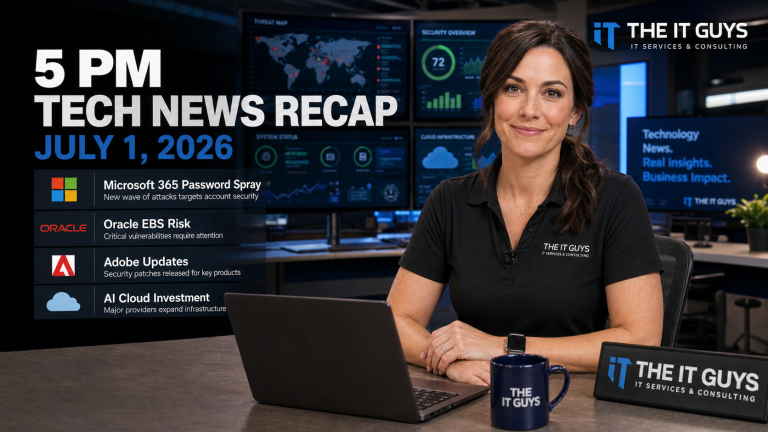 Jennifer presenting The IT Guys 5 PM Tech News Recap for July 1, 2026 in a realistic technology newsroom with Microsoft 365, Oracle EBS, Adobe update, DHS breach, and AI infrastructure context.