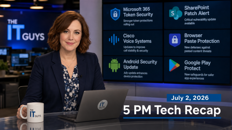 Jennifer presenting The IT Guys 5 PM Tech Recap for July 2 2026 in a modern technology newsroom