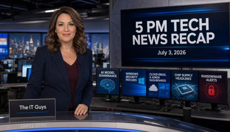 Jennifer Hudsen presenting The IT Guys 5 PM Tech News Recap for July 3, 2026 in a realistic newsroom with technology headlines.