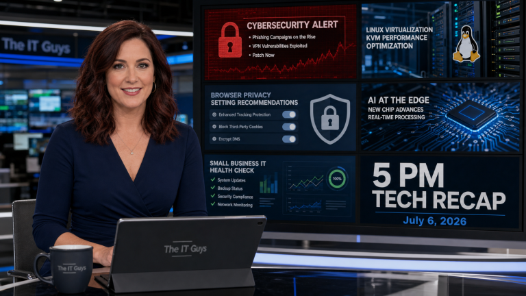 Jennifer presenting The IT Guys 5 PM Tech Recap for July 6, 2026 in a realistic technology newsroom with cybersecurity, privacy, Linux, AI, and small business IT screens.