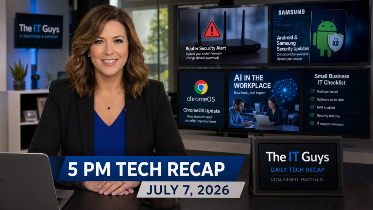 Jennifer presenting The IT Guys 5 PM Tech Recap for July 7, 2026 in a realistic technology newsroom with router security, Android updates, Linux, Gitea, and AI defense screens.