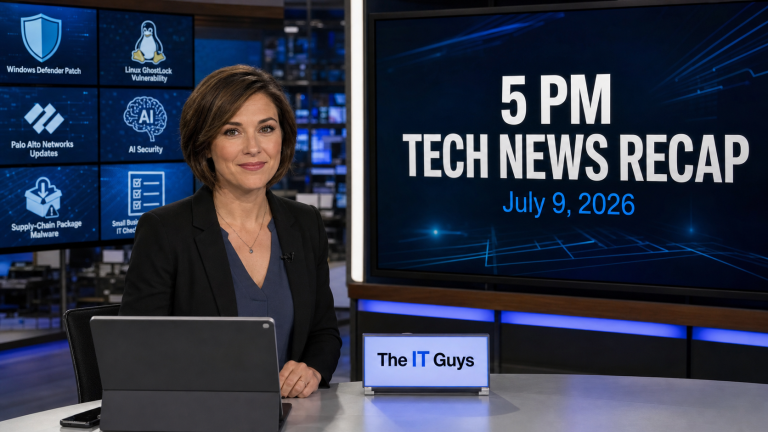 Jennifer presenting The IT Guys 5 PM Tech News Recap for July 9, 2026 in a realistic technology newsroom with Defender, Chrome, Palo Alto, Linux GhostLock, and AI security headlines.