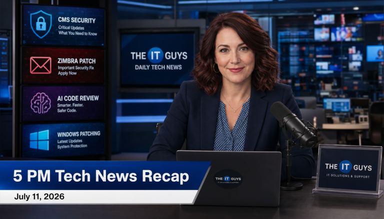 Jennifer presenting The IT Guys 5 PM technology news recap for July 11, 2026 in a realistic technology newsroom.