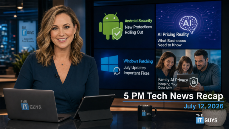 Jennifer presenting The IT Guys 5 PM Tech News Recap for July 12, 2026 in a realistic technology newsroom with Android security, AI access, Windows patching, and family AI privacy headlines.