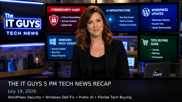 Jennifer Hudsen presenting the July 19, 2026 The IT Guys 5 PM technology news recap in a realistic tech newsroom.