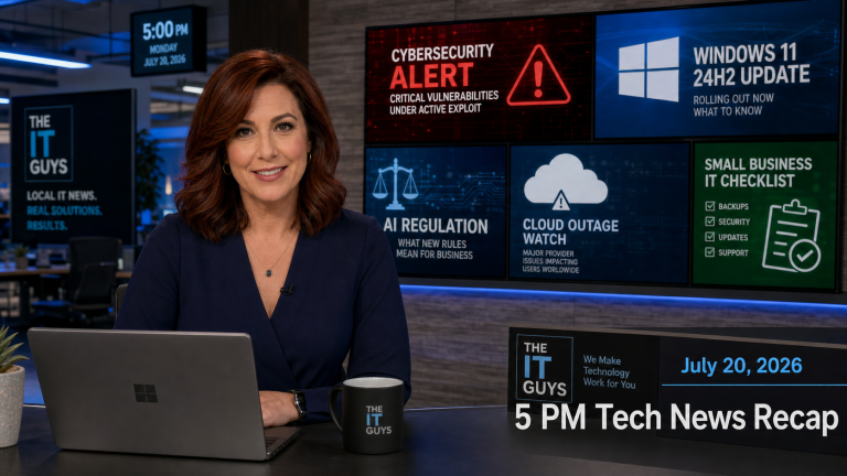 Jennifer presenting The IT Guys 5 PM technology news recap for July 20, 2026 in a realistic technology newsroom.