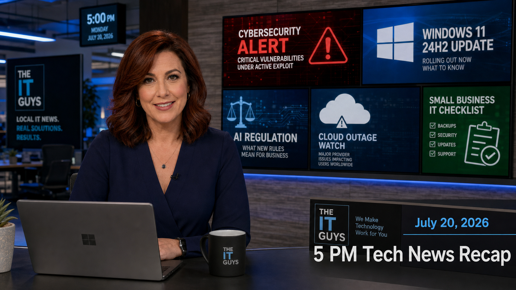 Jennifer presenting The IT Guys 5 PM technology news recap for July 20, 2026 in a realistic technology newsroom.