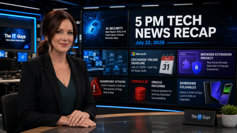 Jennifer Hudsen presenting the July 22, 2026 5 PM technology news recap in a realistic technology newsroom with The IT Guys branding.