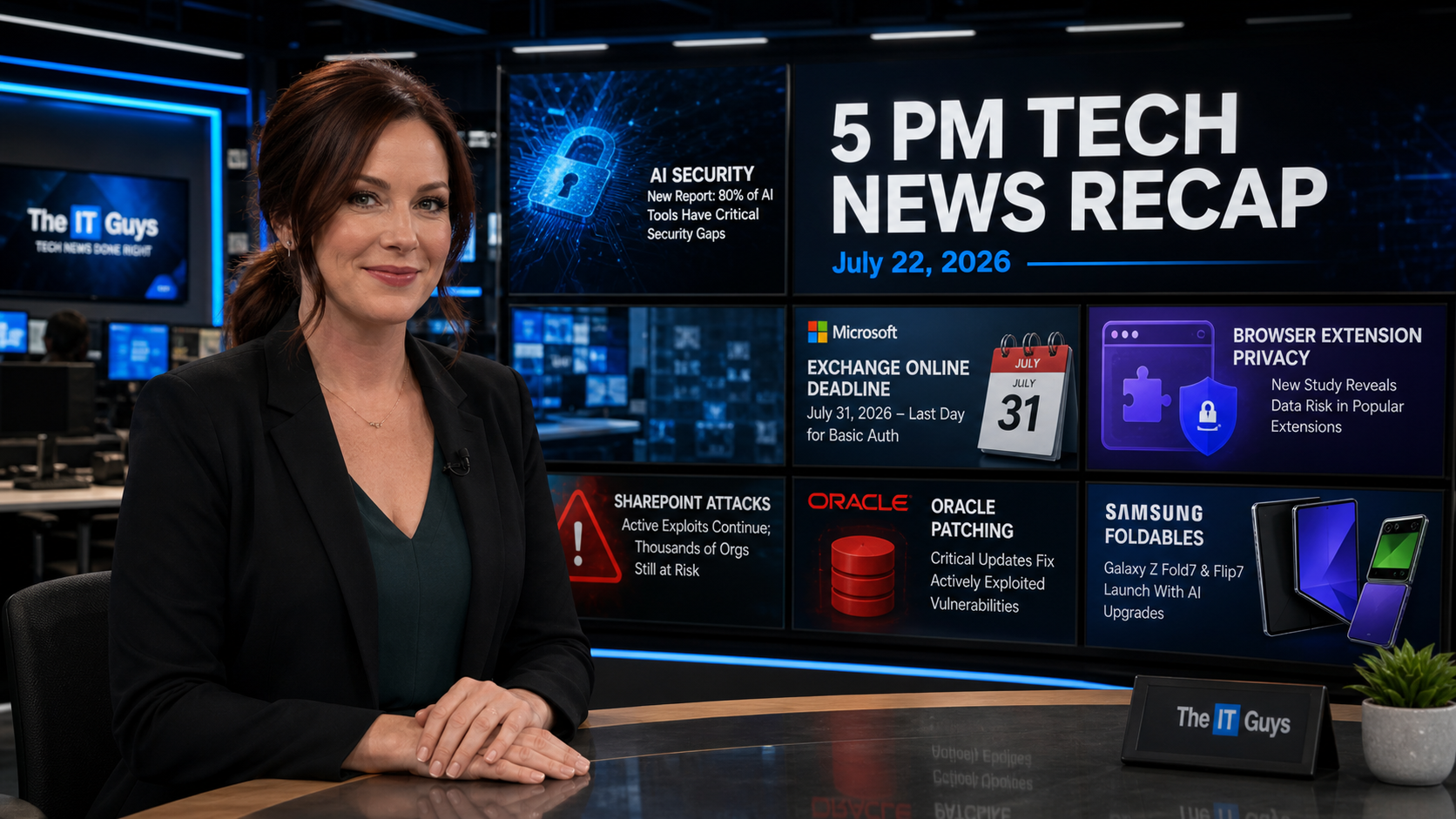Jennifer Hudsen presenting the July 22, 2026 5 PM technology news recap in a realistic technology newsroom with The IT Guys branding.