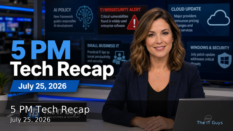 Jennifer presenting The IT Guys 5 PM technology news recap for July 25, 2026 in a realistic technology newsroom.