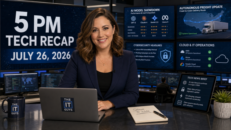 Jennifer presenting The IT Guys 5 PM technology news recap for July 26, 2026 in a realistic IT newsroom.